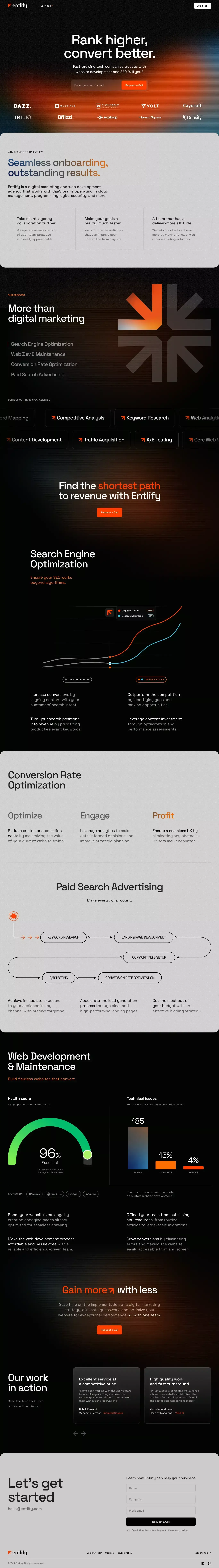 Entlify - Digital Marketing & Web Dev landing page screenshot showcasing Tech and Marketing design