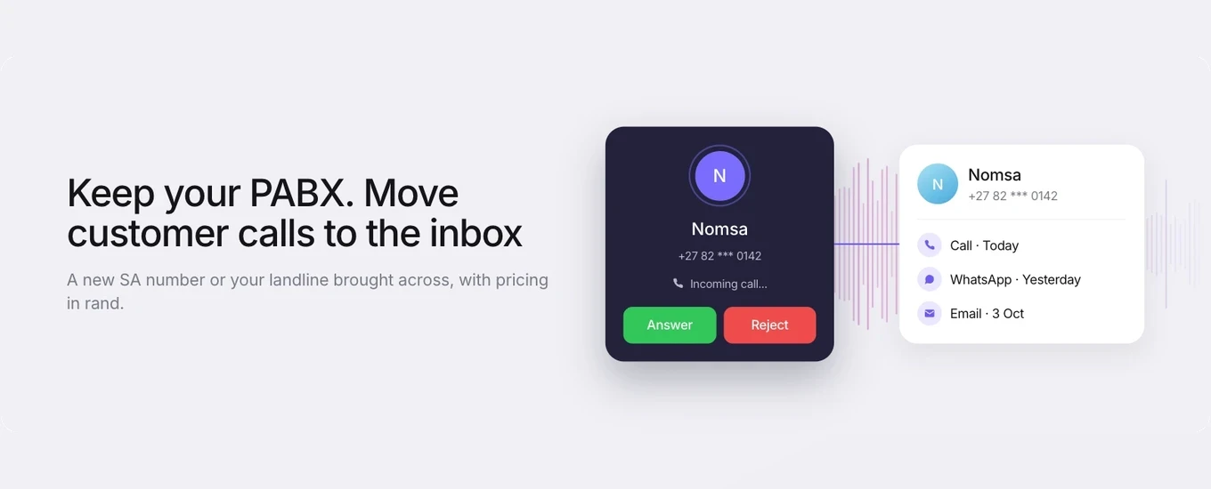 A graphic reading Keep your PABX. Move customer calls to the inbox, with an incoming South African call and the caller's history