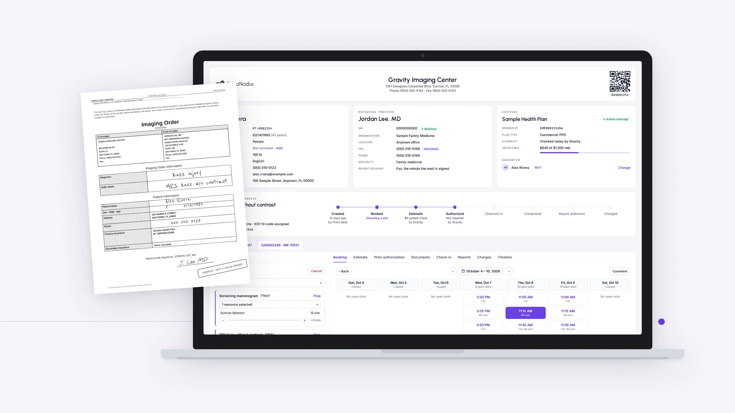 A faxed imaging order beside the digital order Gravity built from it, on a laptop: the patient, referring provider, coverage and the steps to booking
