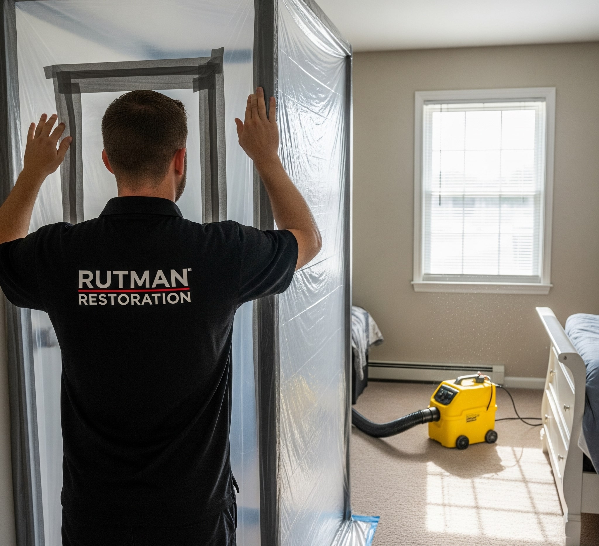HEPA-filtered containment setup during mold remediation in a bedroom