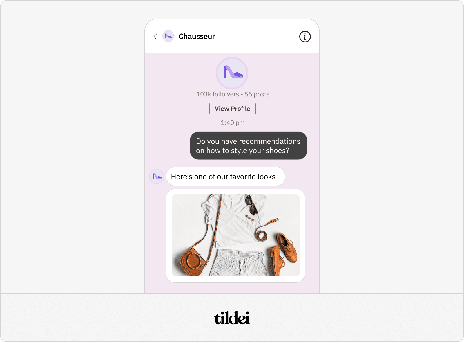 An Instagram DM conversation between a brand and a person illustrating how images render in DMs.