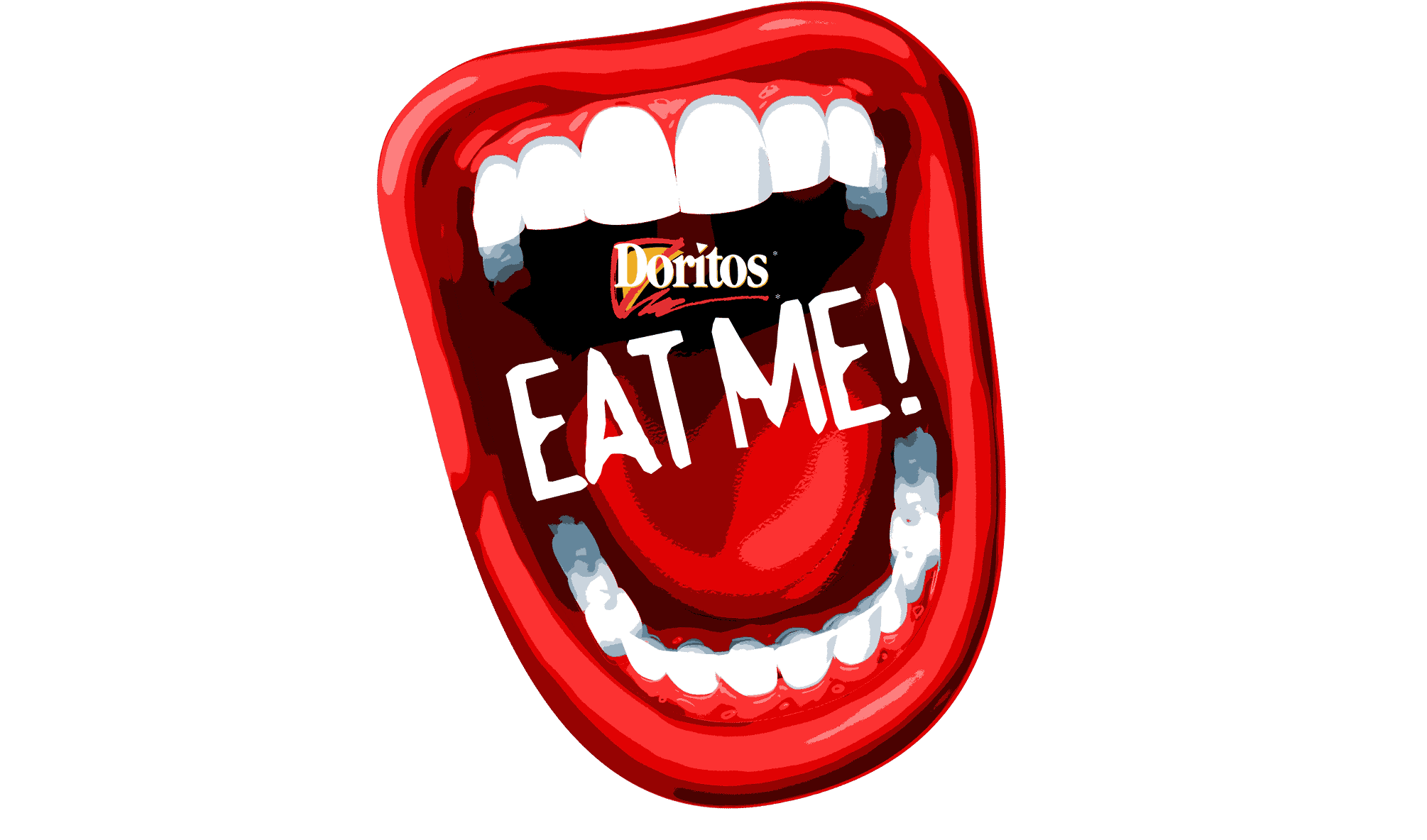 Image of a giant open mouth with the word Eat Me written inside is an campaign illustration for Doritos