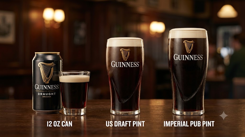 A side-by-side comparison of three distinct Guinness Draught serving sizes: a 12oz can, a 16oz US draft pint glass, and a large Imperial pub pint glass. All three are filled with dark beer and creamy heads, showing the volume difference on a dark wooden bar.