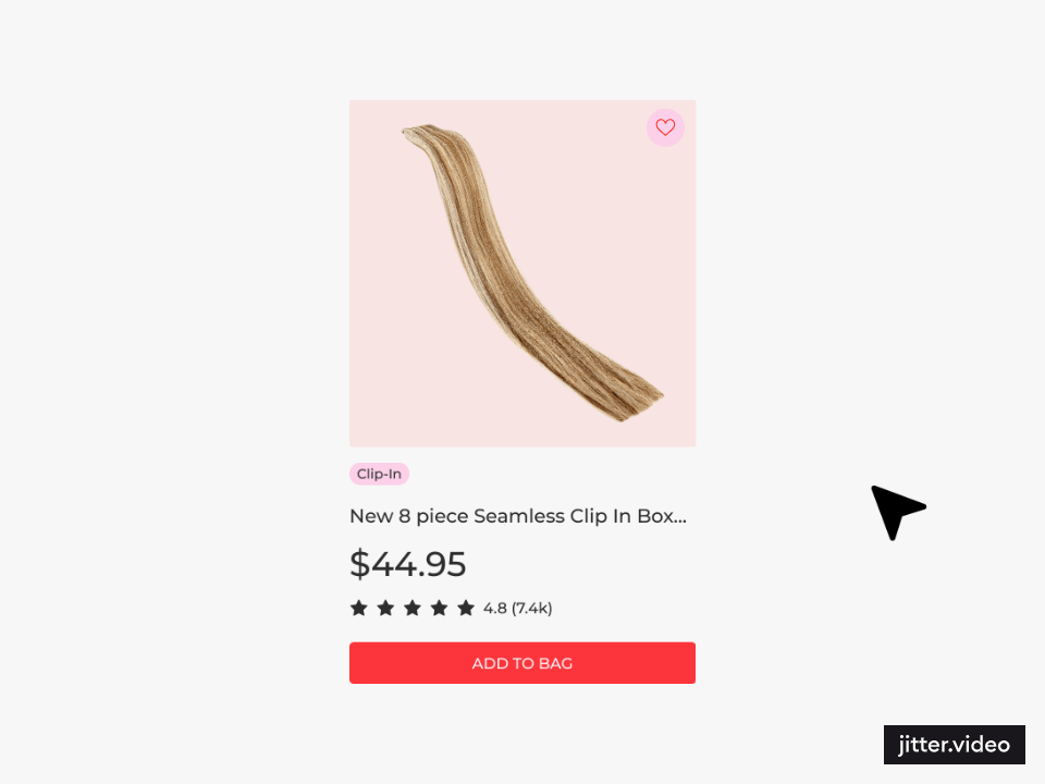 A smooth UI hover animation on a Plushlocks product card showcasing interactive state changes and luxury product details for hair extensions.