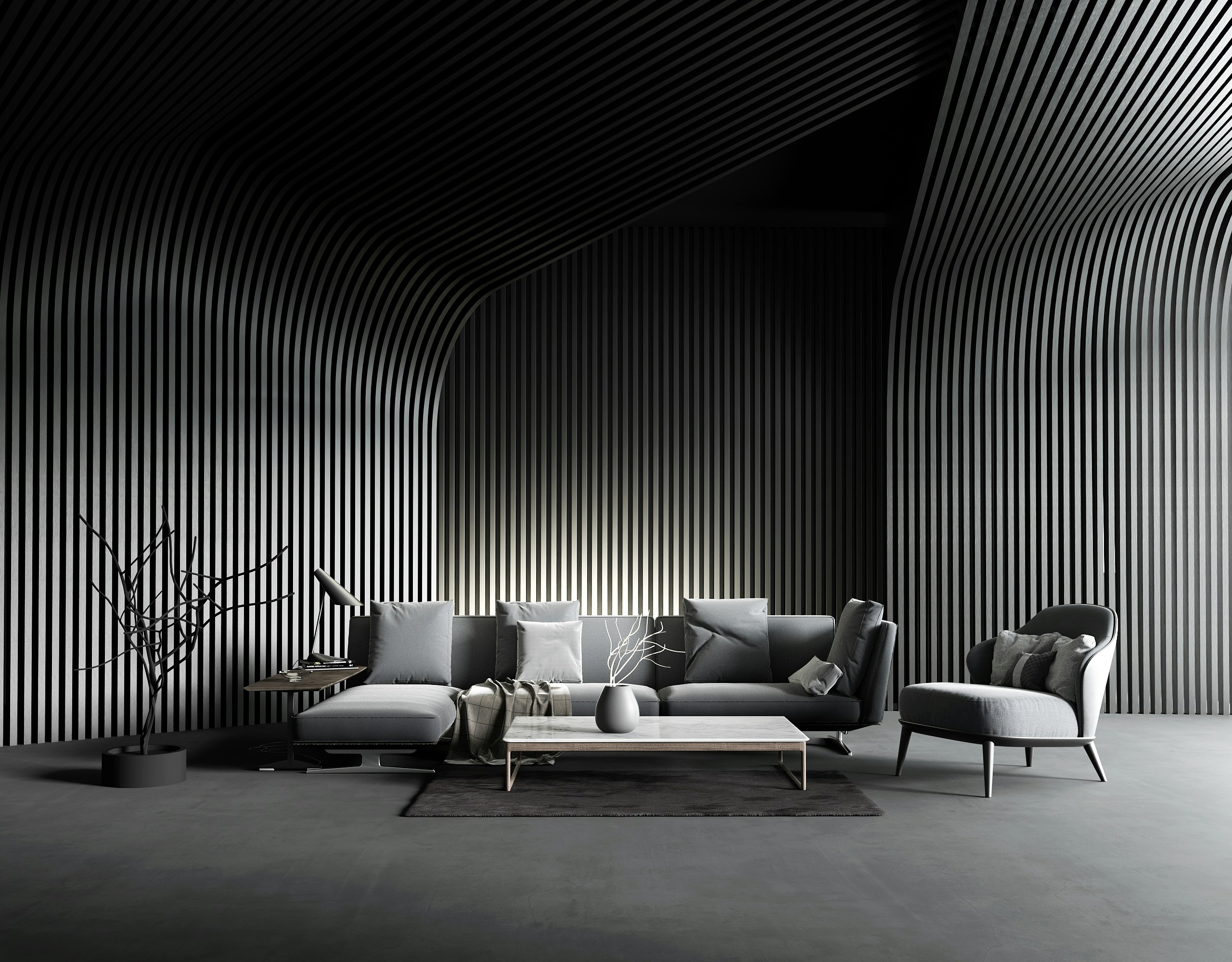 a black and white photo of a living room