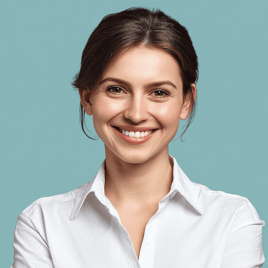 Smiling woman in a white shirt against a soft teal background, professional portrait.