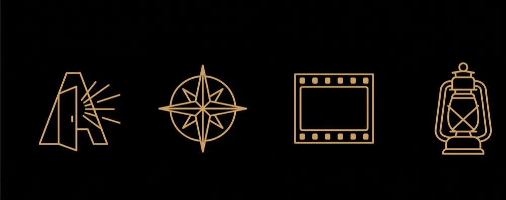 Lightframe Animation Studios Website Icons, A Door, Compass, Film, Lantern