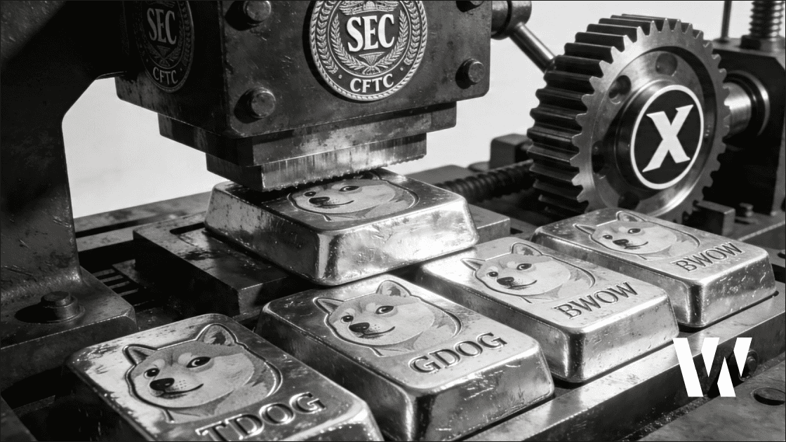 Industrial minting press stamping Shiba Inu Doge profile on steel ingots with SEC and CFTC seals, representing Dogecoin ETF approval TDOG GDOG BWOW April 2026