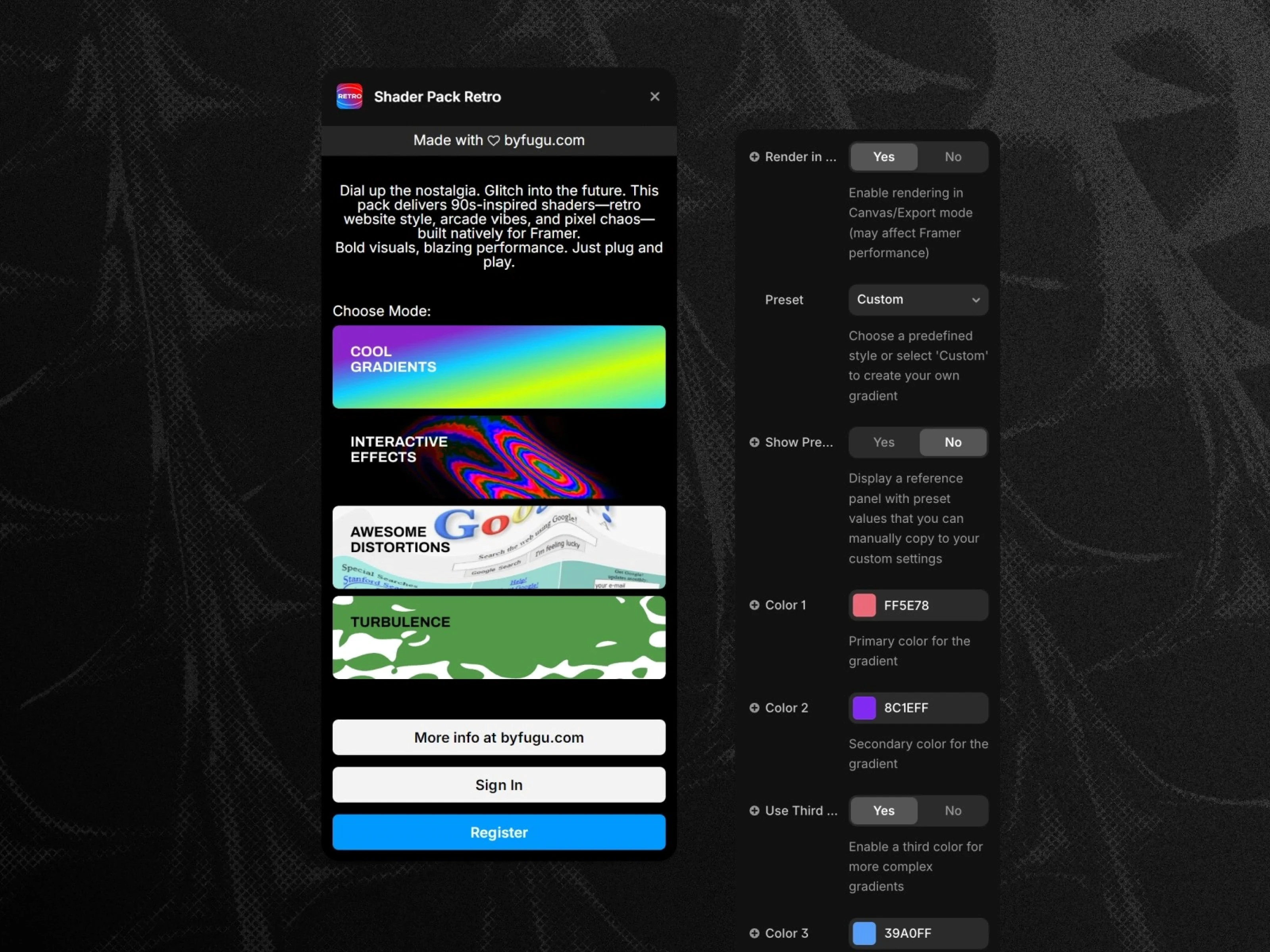 The Shader Pack Retro window includes various color effect modes along with a custom color settings panel.