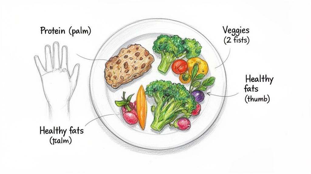 A healthy meal plate showing protein, vegetables, and healthy fats measured by hand for portion control.