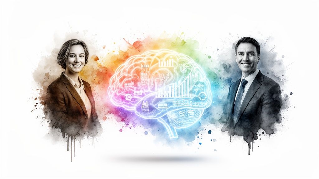 Two smiling business professionals flank a vibrant, data-filled brain representing business intelligence.