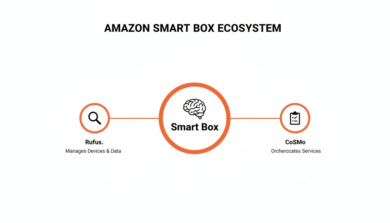 Diagram illustrating the Amazon Smart Box ecosystem with Rufus managing data and CoSMo orchestrating services.