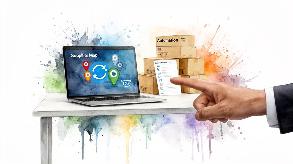 Digital supply chain management with automation, supplier mapping, and task checklist on a white table.