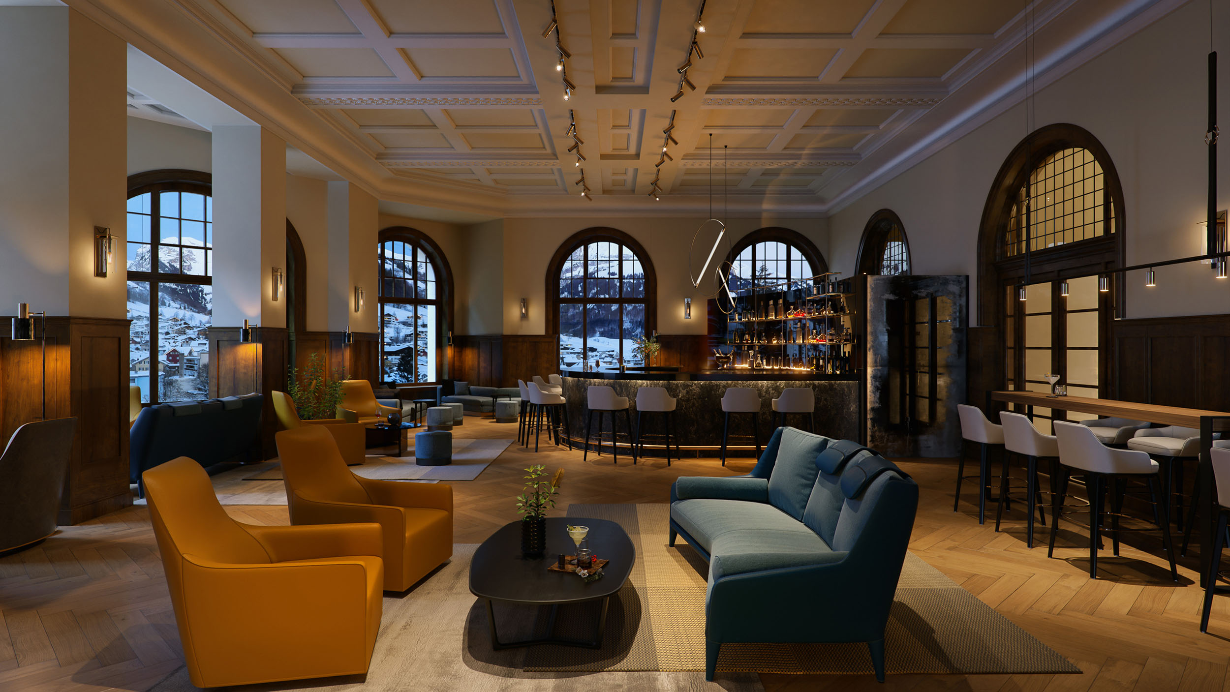Architectural render: bar and lounge CGI visualisation