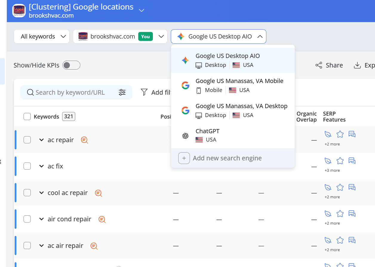 AWR project tracking a country-wide Google US engine alongside precise Manassas, VA desktop and mobile engines, shown in the search engine picker