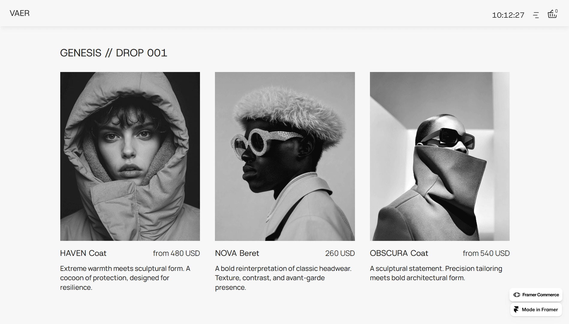 Product grid for "Genesis // Drop 001" displaying three black and white items: the sculptural HAVEN Coat, the textured NOVA Beret with sunglasses, and the high-collar OBSCURA Coat.