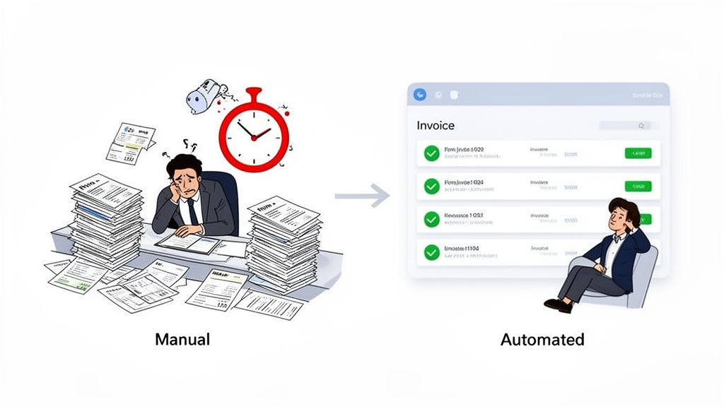 A stressed person buried in manual invoice paperwork transforms to a relaxed person with automated digital invoicing.