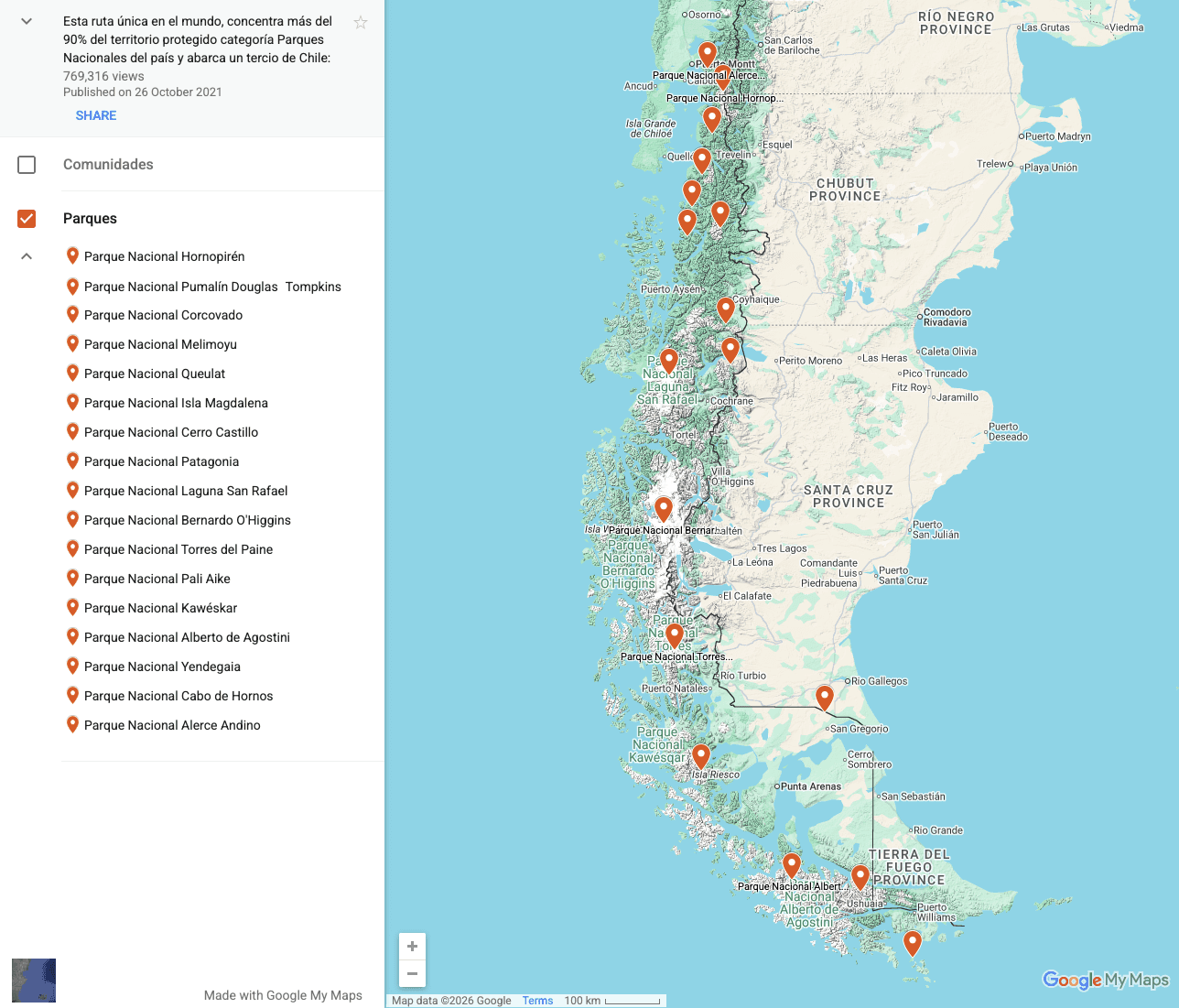 17 National Parks in Patagonia - Ruta de Los Parques - Chile and Argentina - Google Map