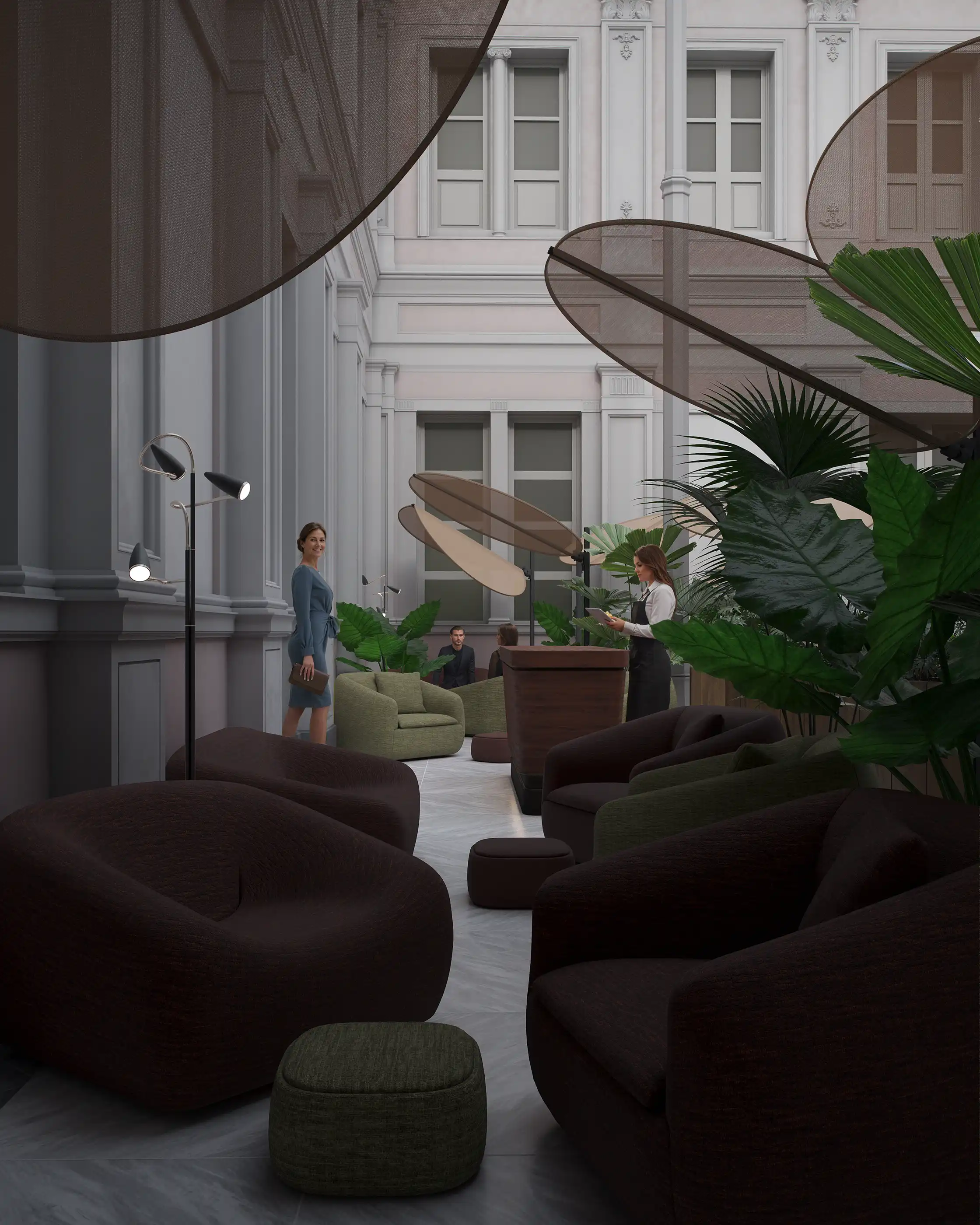 Elegant lounge with plush dark brown armchairs, large tropical plants, and view of historic courtyard. Luxury hotel or exclusive club interior design.