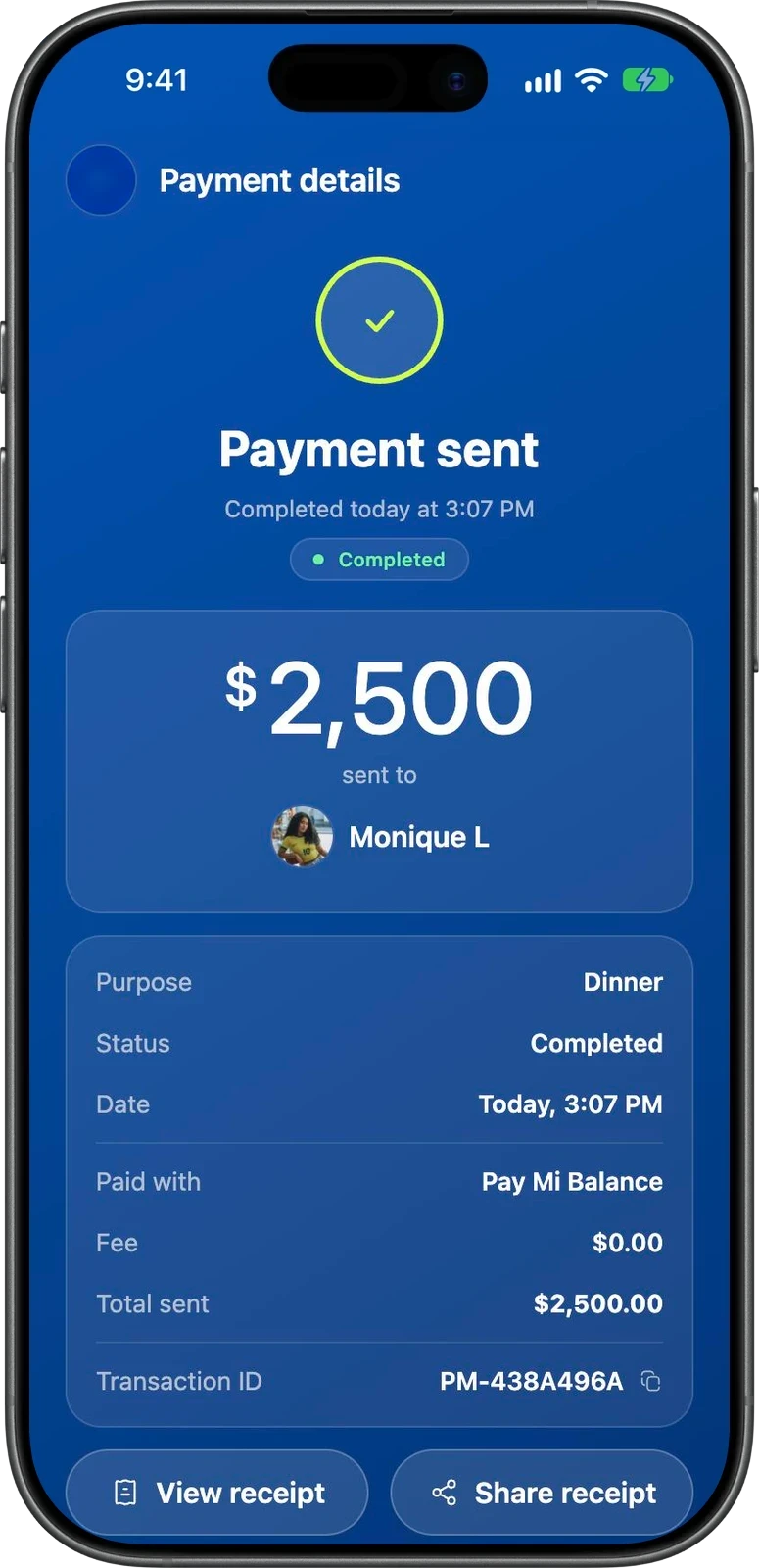 The payment receipt on an iPhone with status, purpose, date, fee, total and transaction ID.