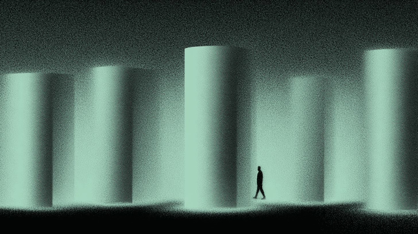 A silhouetted person walking past several large, glowing cylindrical pillars in a dark, grainy, futuristic environment with soft greenish light.