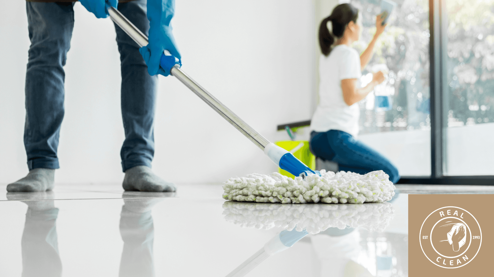 sweeping the floor and cleaning windows