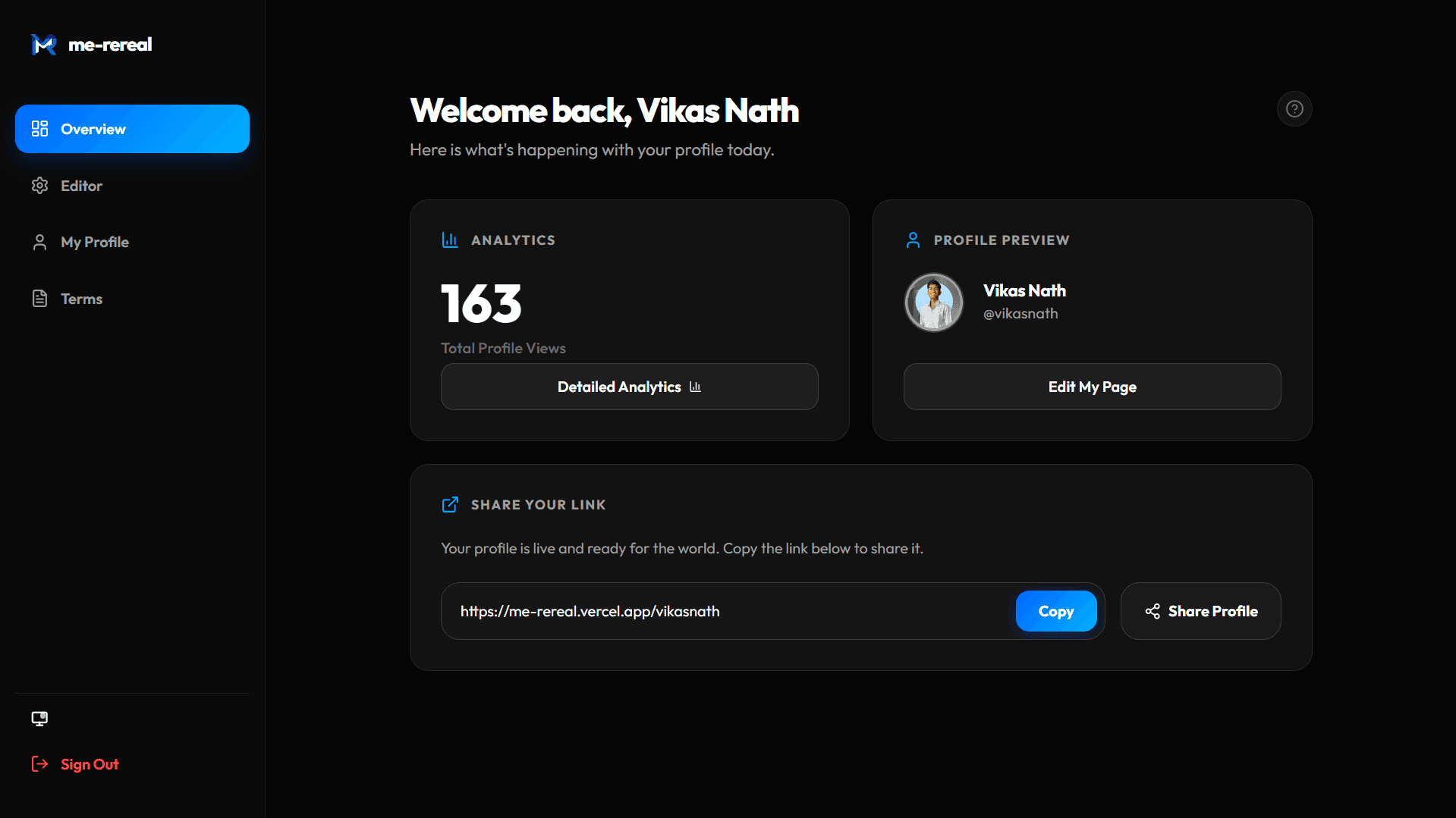 dashboard page  of me-rereal website