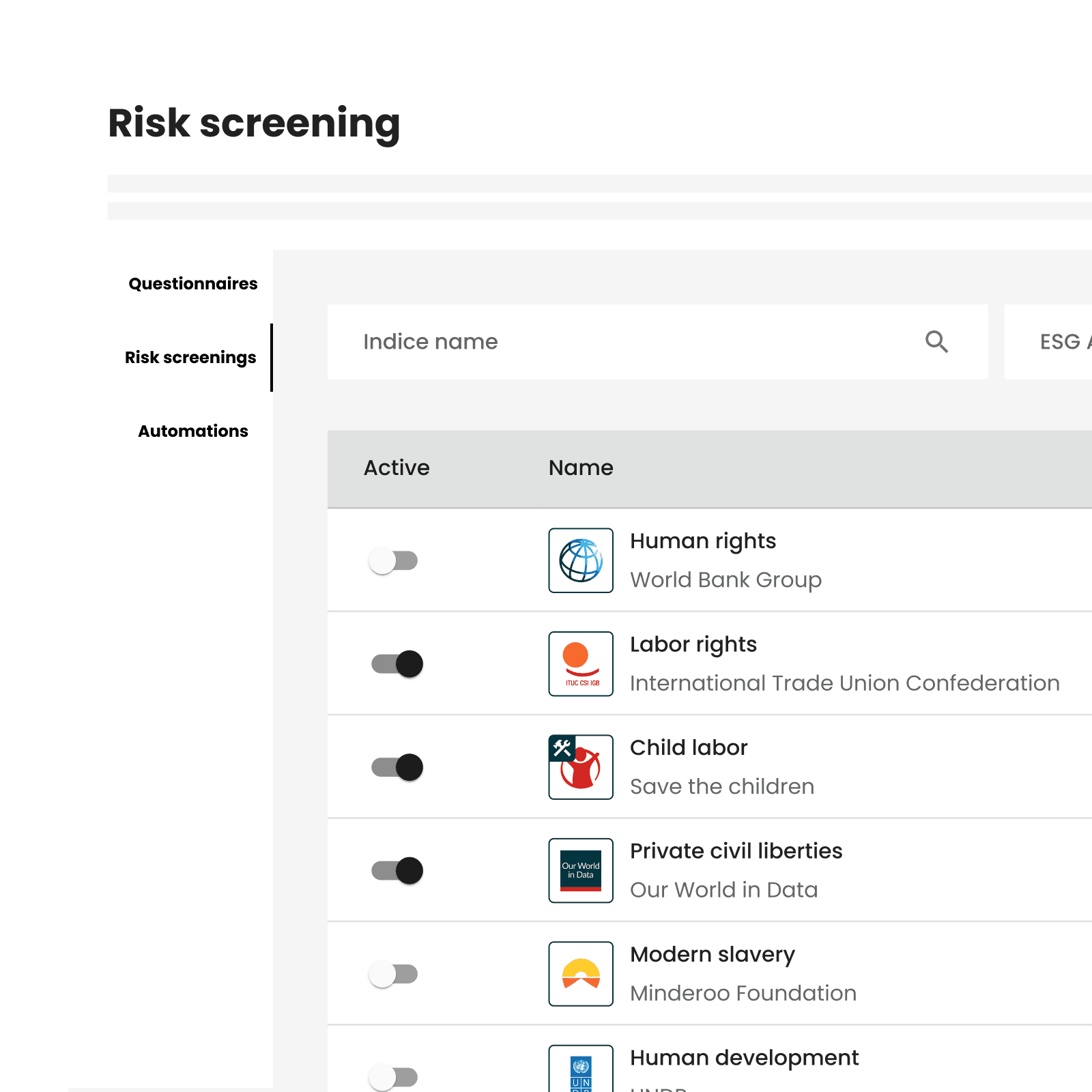 Social indices available for risk screening on our Sourcing solution 
