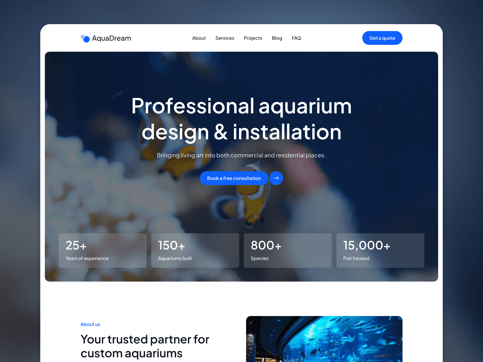 Aquadream Framer template homepage with hero section reading "Professional Aquarium Design & Installation" on a blue background