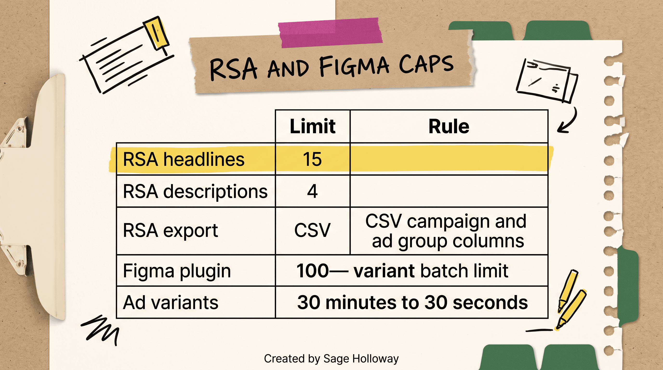 Table of Google Ads RSA 15 headlines and 4 descriptions plus a Figma 100-variant batch limit