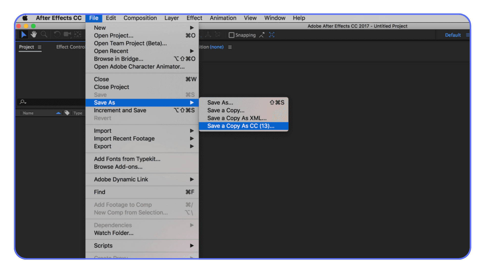 Save As menu open in After Effects showing project versioning options