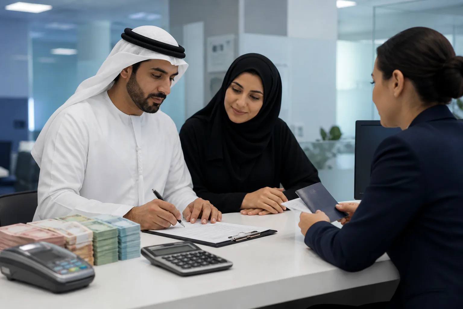 Cost to Sponsor a Spouse in Dubai beside a passport, residence permit card and application