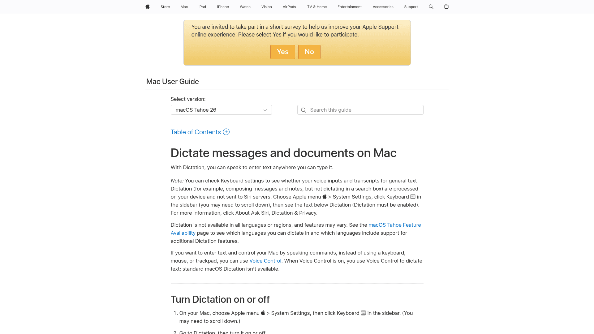 Screenshot of https://support.apple.com/guide/mac-help/use-dictation-mh40584/mac
