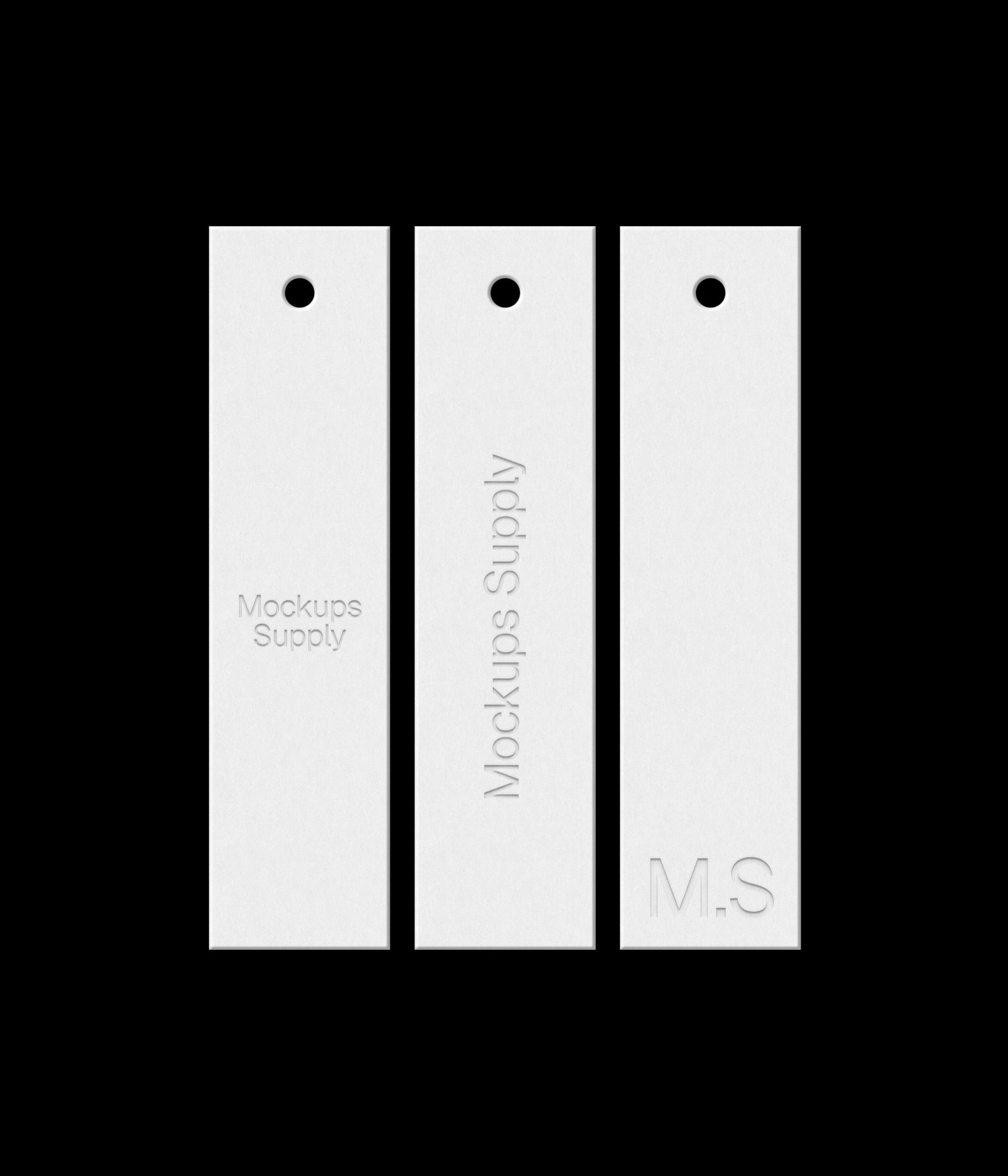 Three white 1x4 slim hang tags mockup on black background with debossed logo effect for Photoshop download psd
