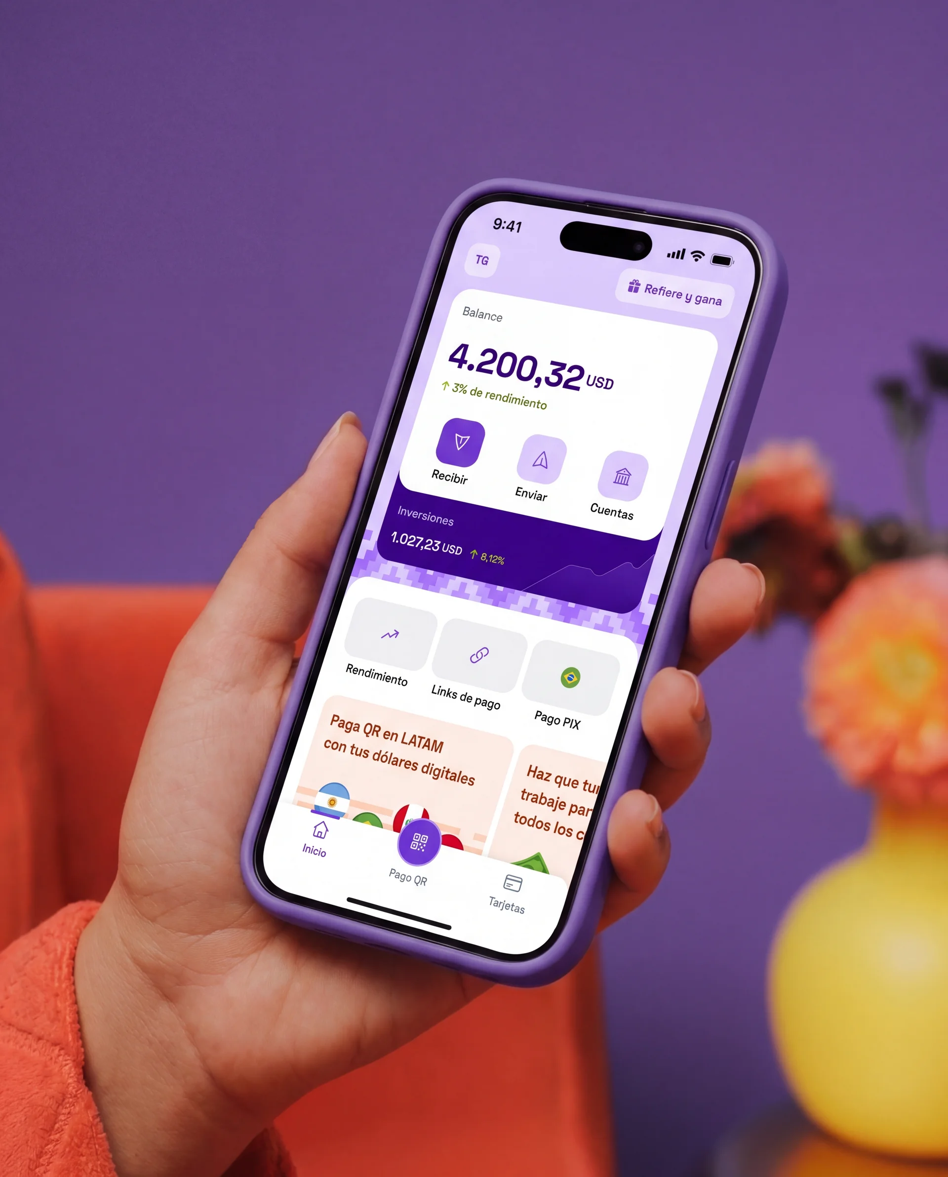 Home de la app Takenos donde se ven los dolares digitales en cuenta