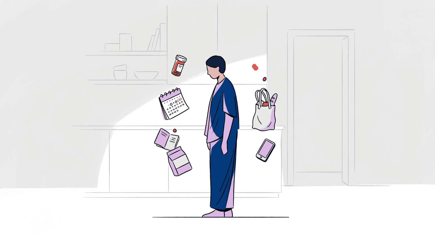 Illustration of a person surrounded by small caregiving objects quietly accumulating around them