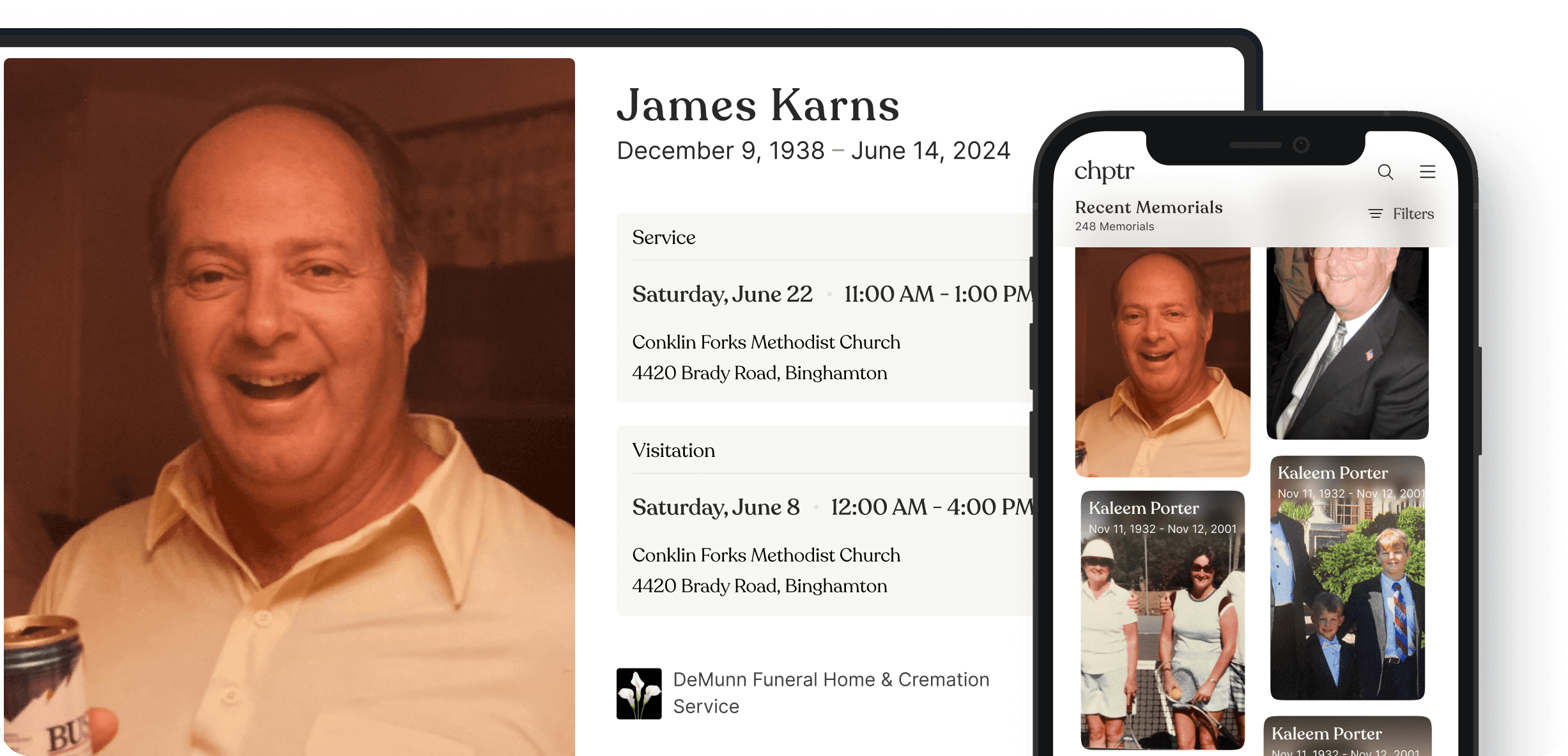 A clean, elegant memorial card showing a loved one’s name and photo on a local news website, with the funeral home’s name clearly credited.