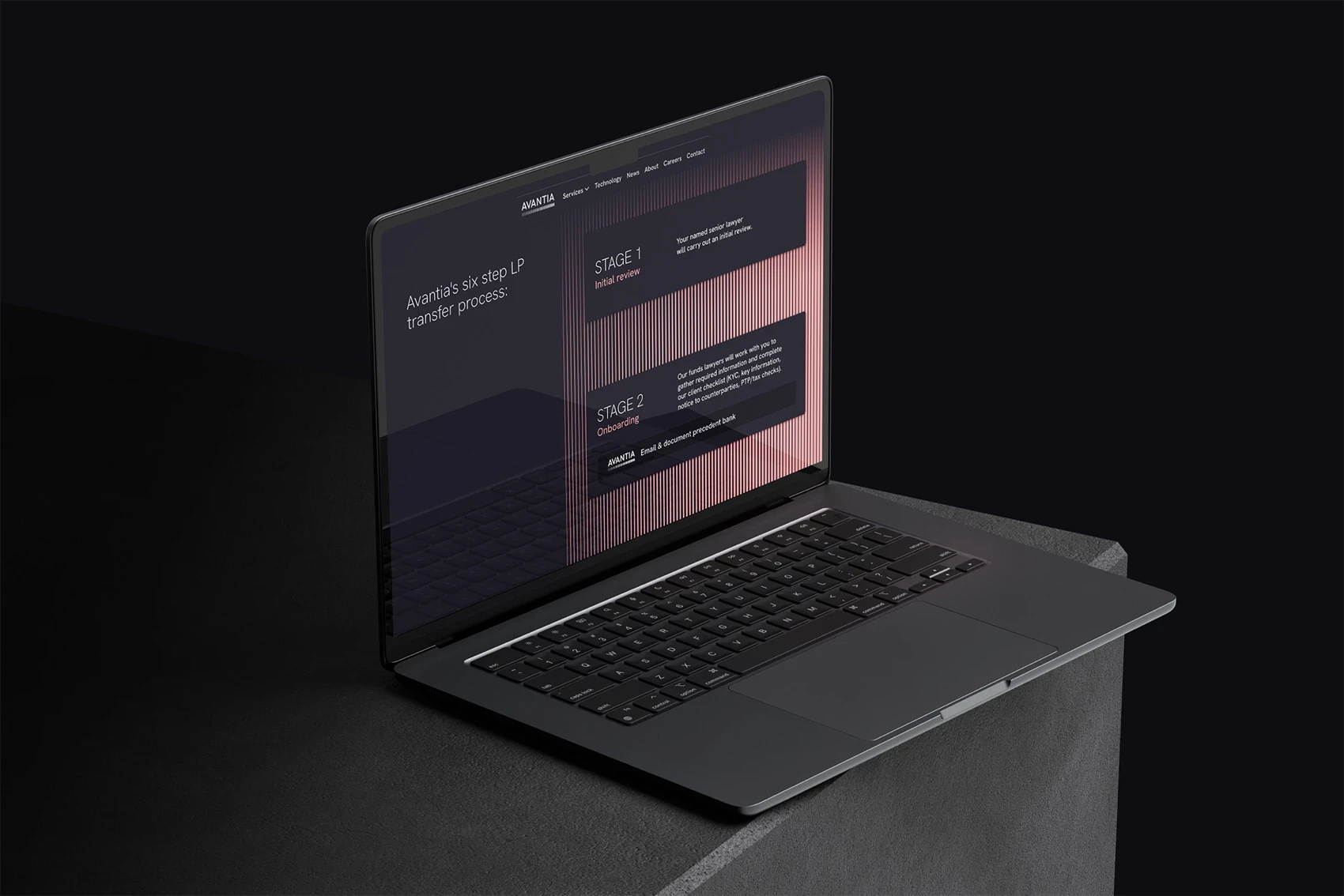 Open laptop displaying the Avantia website. The screen shows ‘Avantia’s six step LP transfer process’ with stages 1 and 2 highlighted. Text boxes explain each stage over a background of vertical red lines. The interface has a clean, modern design with a dark mode aesthetic.