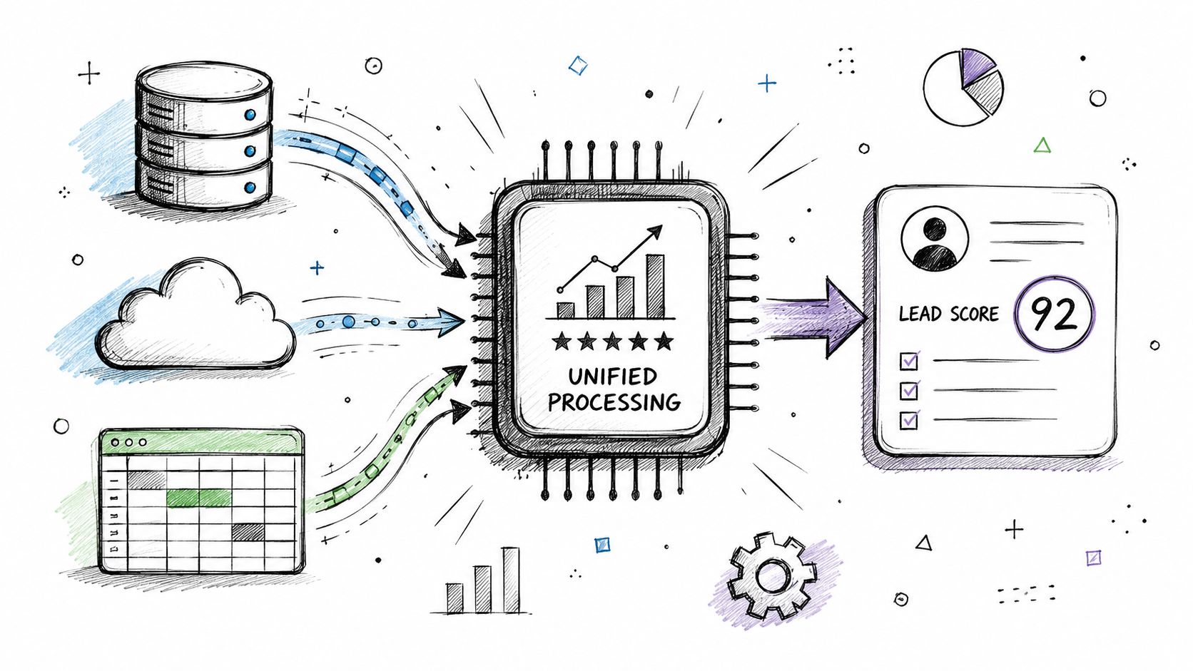 A hand-drawn illustration showing data sources feeding into a unified processing unit to generate a lead score.