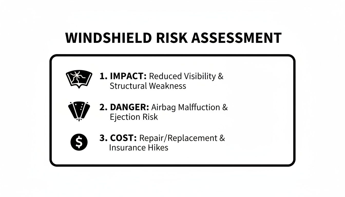 A diagram illustrating a windshield risk assessment, detailing impact, danger, and cost factors.