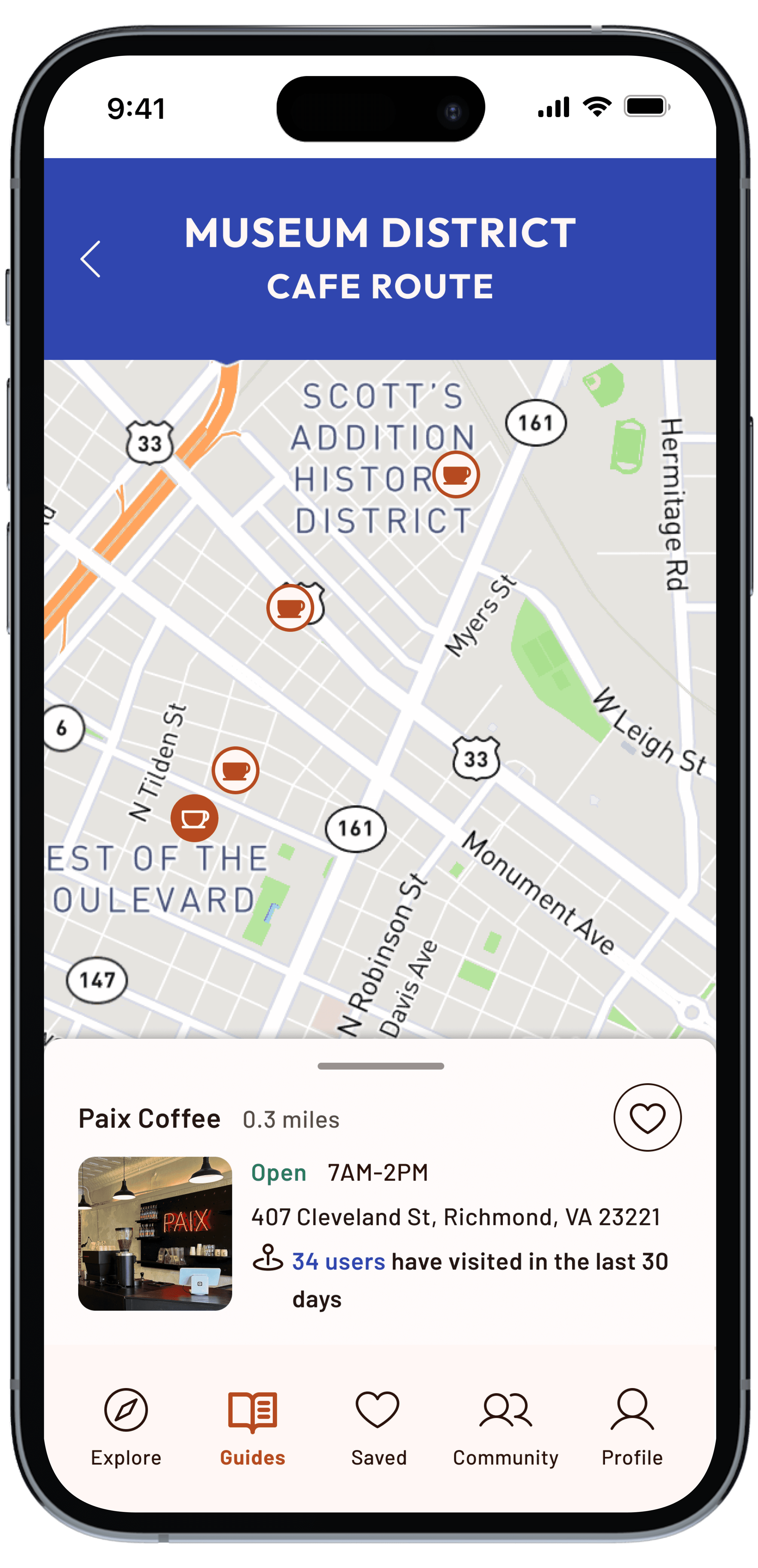 iPhone mockup featuring Dabbio's cafe route guide with map