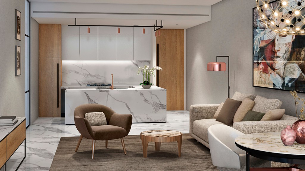 The lobby of North 43 is adorned with contemporary furniture, creating a chic and inviting space for guests.