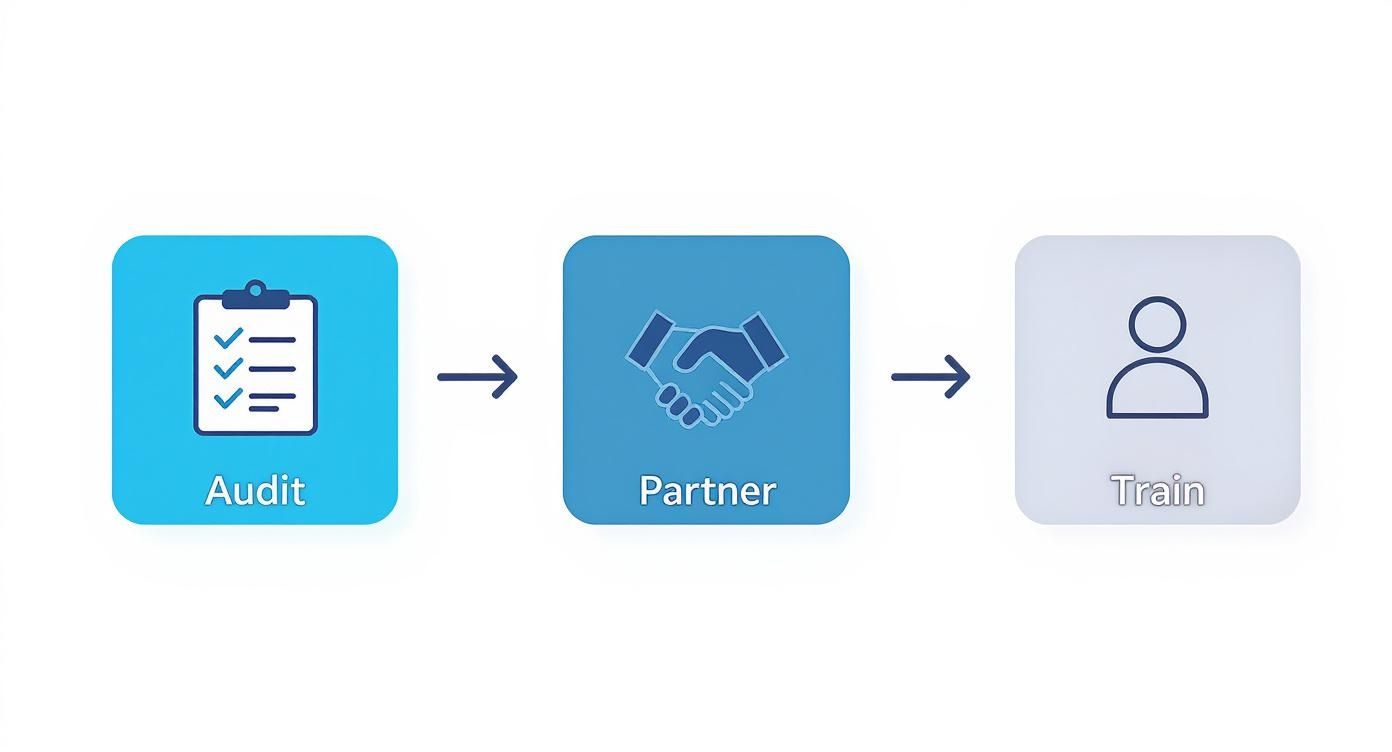 Infographic detailing the three-step process for mobile check-in integration with icons for auditing, partnering, and training.