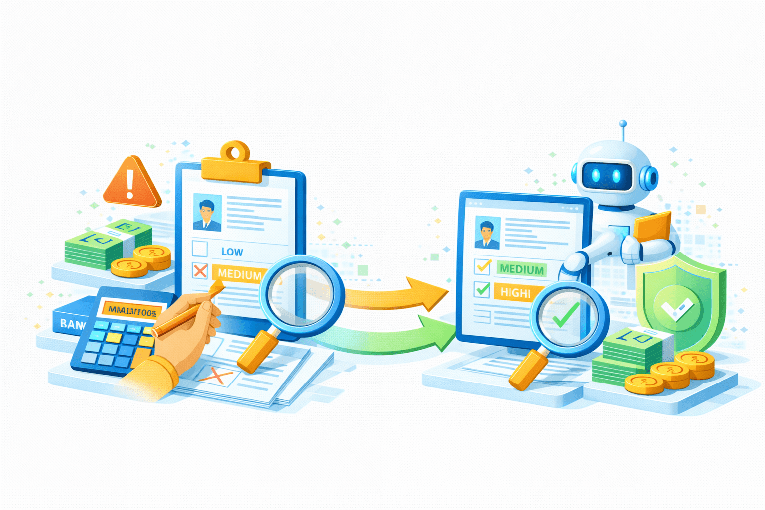 Ilustrasi perbandingan penilaian risiko manual vs AI‑assisted decisioning. Di sisi kiri, proses manual ditunjukkan oleh tangan manusia yang menilai profil pada clipboard dengan hasil Medium (tanda silang), disertai ikon peringatan, kalkulator, dan uang/koin, menandakan risiko dan potensi ketidaktepatan. Kaca pembesar menyorot detail penilaian, menunjukkan proses yang lambat dan rentan kesalahan.  Di sisi kanan, AI/robot assistant mendukung penilaian berbasis AI pada layar digital dengan hasil Medium–High yang terverifikasi (tanda centang), dilindungi perisai hijau (keamanan & kepatuhan). Alur panah hijau–oranye dari kiri ke kanan menggambarkan transformasi dari evaluasi manual ke otomatis, menghasilkan keputusan risiko yang lebih konsisten, aman, dan compliant dengan dampak finansial yang terkelola.