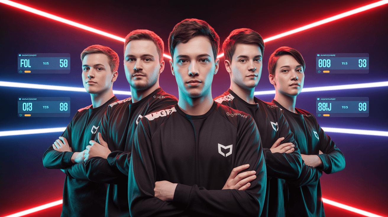 Esports team spotlight thumbnail with stage lighting and stat overlays