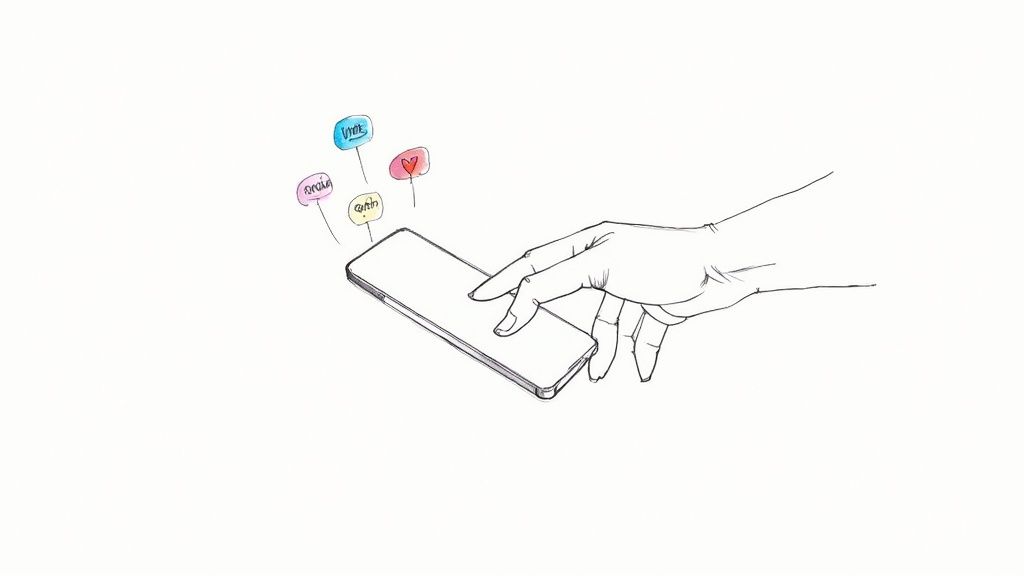 A hand holds a smartphone with colorful bubbles, possibly notifications or messages, emerging from it.