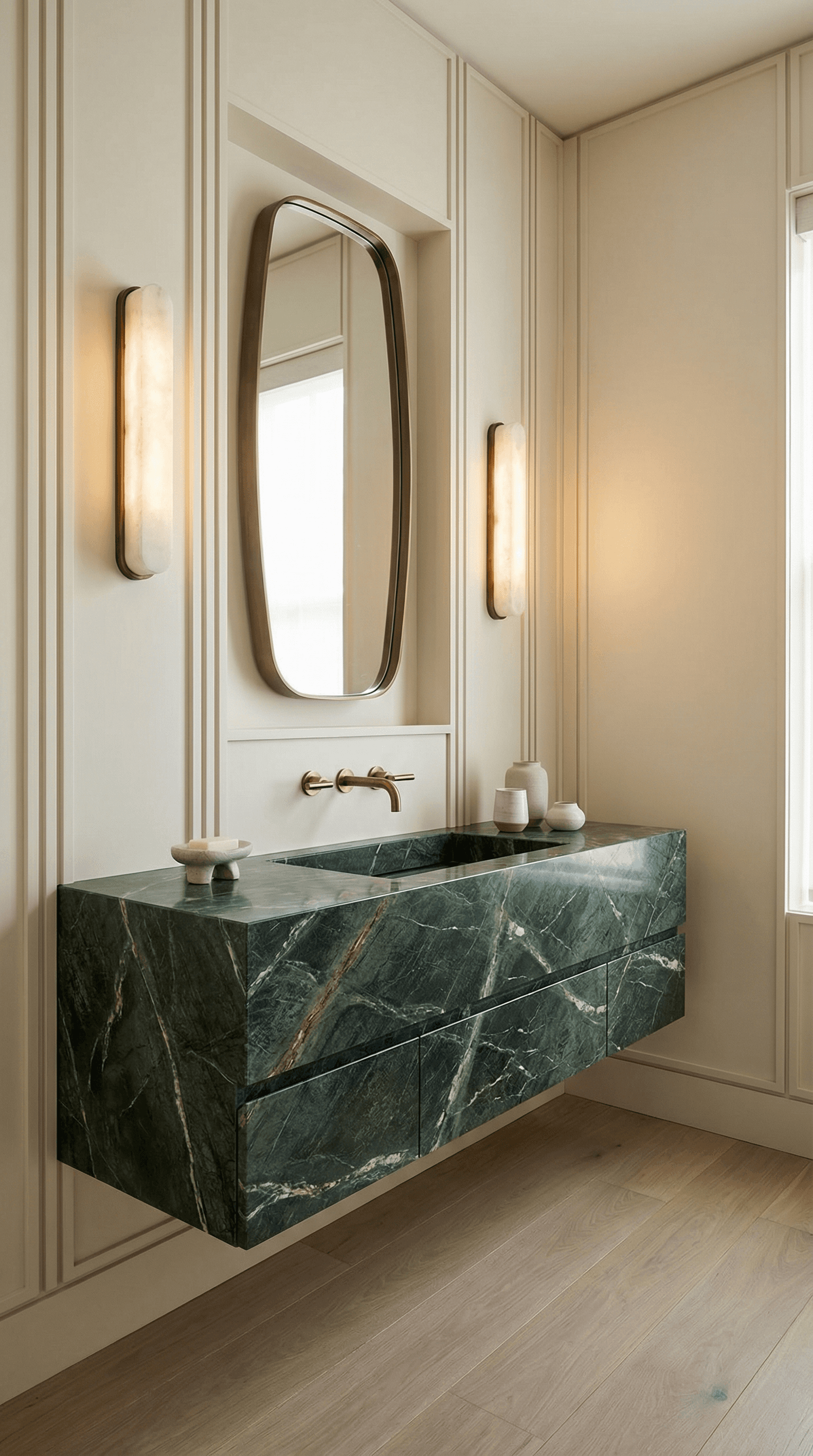 Elegant powder room with dark wood cabinetry, green marble vanity and arched mirrors, warm ambient lighting and patterned floor