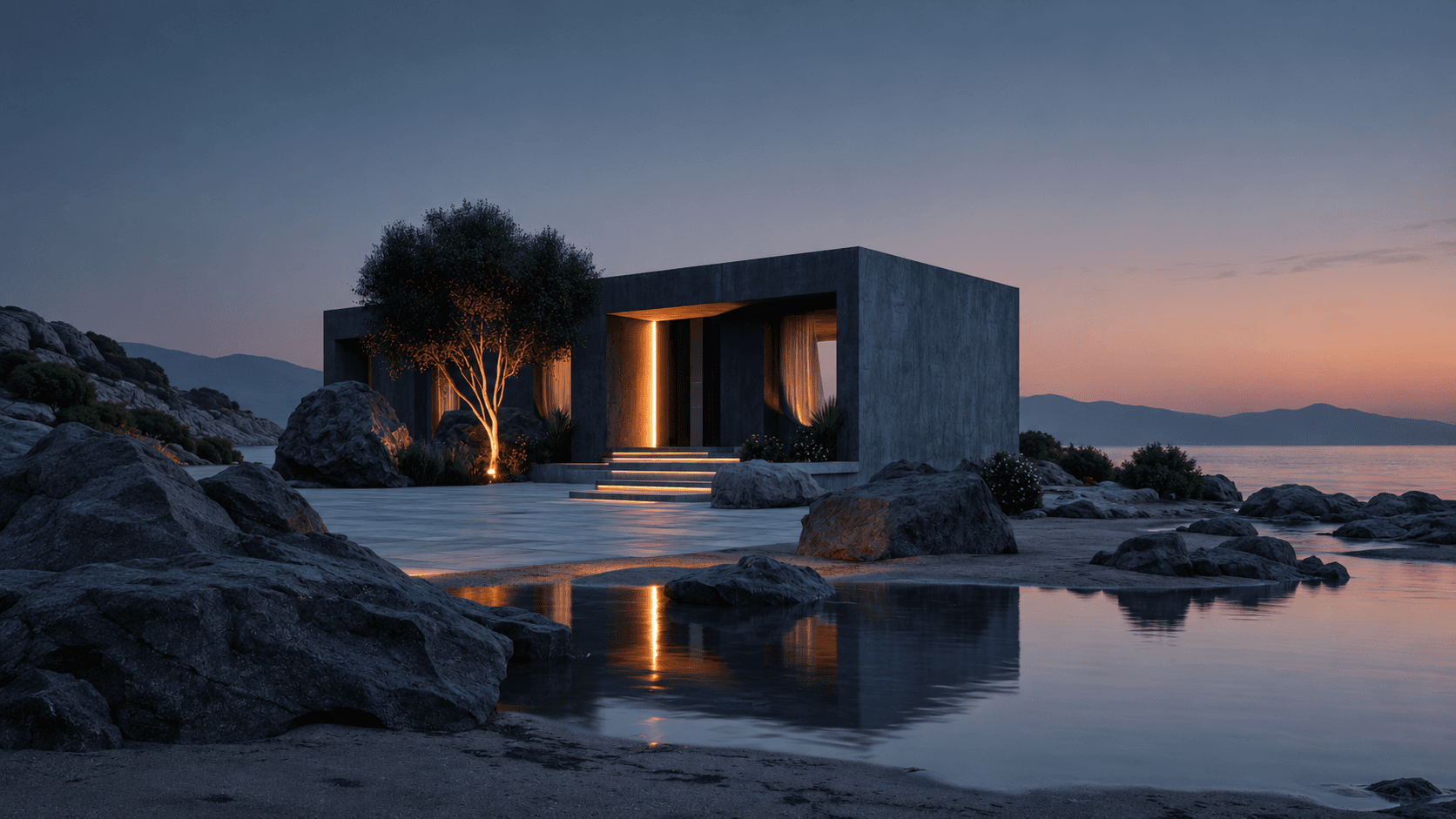 Modern concrete coastal house at dusk with warm lighting and water reflections