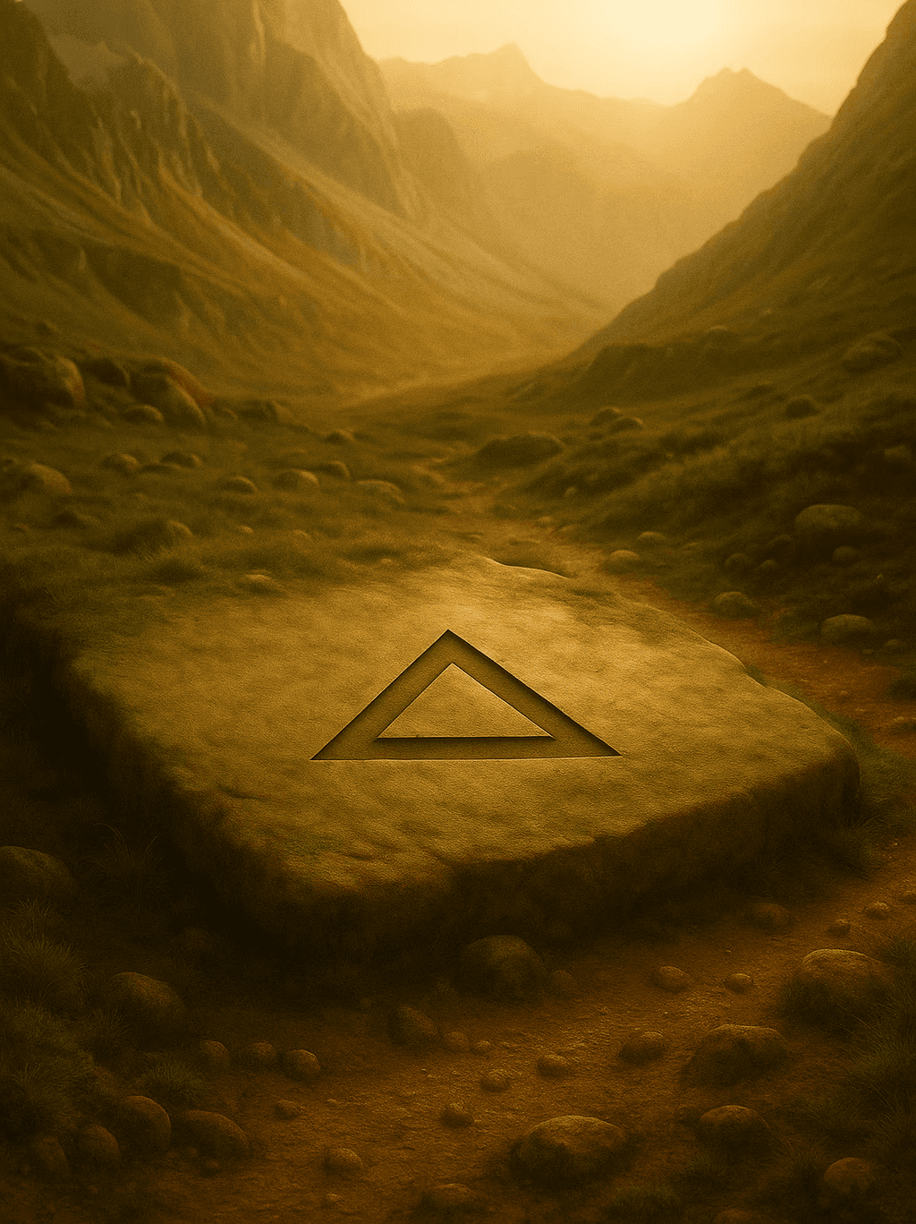 Stone engraved with a triangle symbol in a sunlit valley — representing balance, integration, and the beginning of the journey toward clarity.