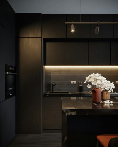 a kitchen with a black cabinet